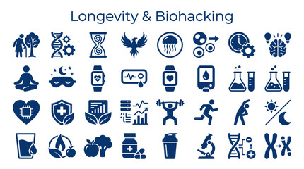Fototapeta premium Longevity and biohacking concept with icons representing health fitness nutrition science and technology for a longer healthier life