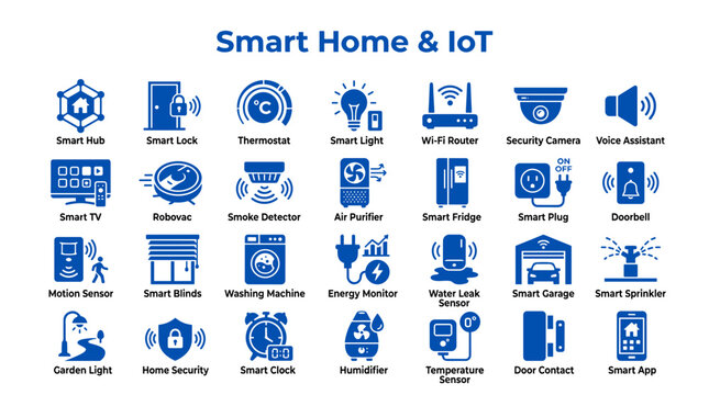 Smart Home and IoT technology icons representing connected devices and a futuristic automated living environment for modern convenience and efficiency