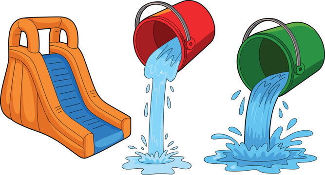 Water Slide and Pouring Buckets with Water Splash Illustration for Kids, Summer Fun, and Playground Designs