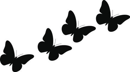 Obraz premium Black butterfly silhouette vector set featuring a line of four flying insects for spring nature decorative elements and summer designs