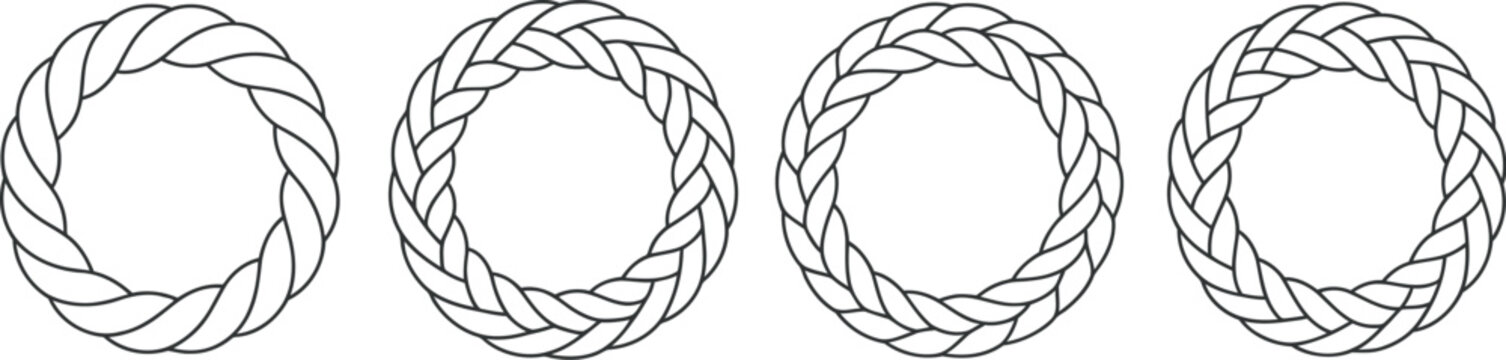Round rope frame vector set with circular braided borders and twisted cord patterns for nautical marine and classic decorative designs