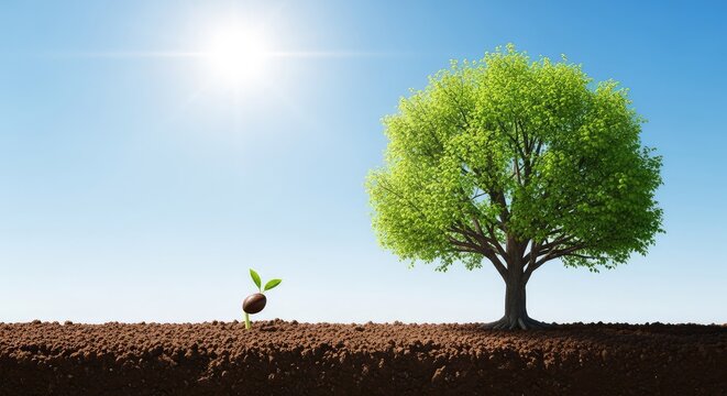 A time-lapse animation shows a small seed sprouting from fertile earth, growing rapidly into a massive leafy tree under bright sunlight, rising, leaves, foliage