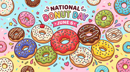 Fototapeta premium Colorful assortment of donuts with sprinkles and icing on a pastel background celebrating national donut day june 6th