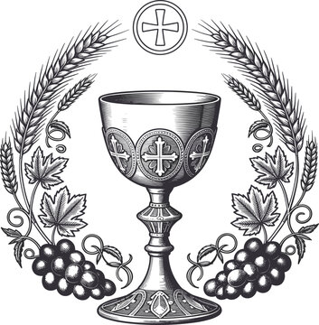 Eucharistic chalice with wheat and grapevine elements on white background