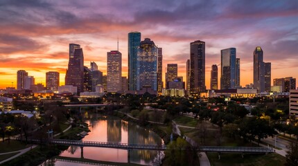 Fototapeta premium Houston Texas Cityscape Skyline at Sunset with Vibrant Sky and Reflections