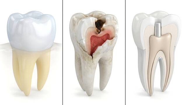 dental anatomy comparison showing healthy tooth decayed molar with cavity and root canal treatment stages with crown and filling on white background for dentistry education