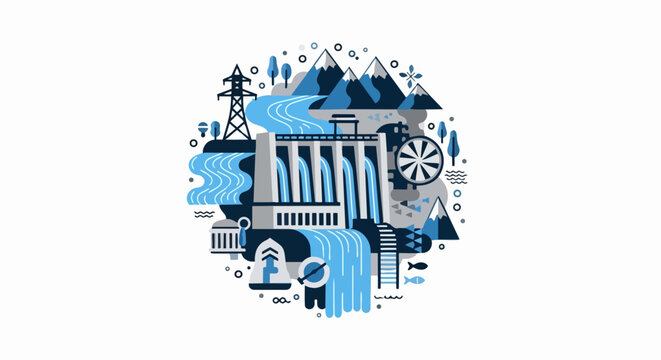 Hydroelectric Power Dam Illustration for Renewable Energy Concept with River, Mountains, and Electricity Infrastructure in Flat Vector Style