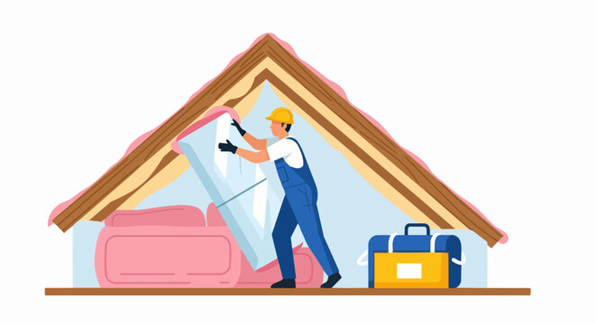 Professional Worker Installing Glass and Insulation for Home Attic Renovation and Loft Conversion