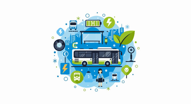 Sustainable Electric Bus and Public Transportation Vector Illustration. Smart City Mobility, Green Energy Infrastructure, and Eco-friendly Urban Commuting Concept.