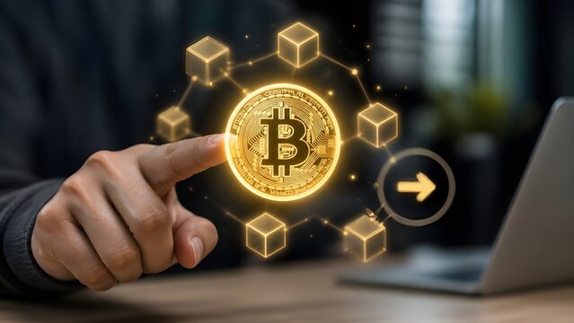 Cryptocurrency and blockchain technology concept with golden bitcoin and decentralized network icons