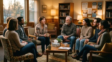 Fototapeta premium A group of people sitting in a circle in a cozy living room, engaged in a conversation.