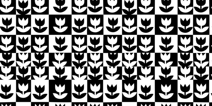 Black and white floral seamless pattern illustration. Vintage style flower mosaic background design. Geometric natural wallpaper print, spring season nature backdrop texture with flowers.