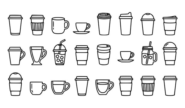 Coffee cup linear icon collection with paper cups mugs and beverage containers editable stroke vector