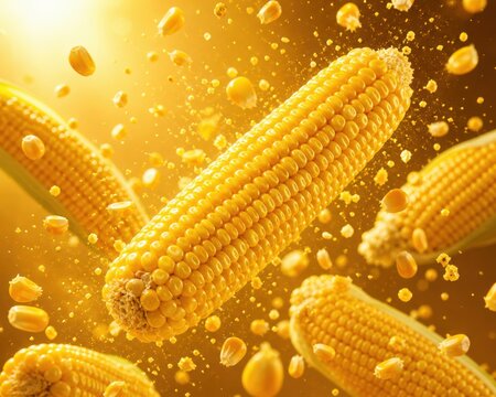 Close up of fresh corn cobs and kernels falling with a golden background light.