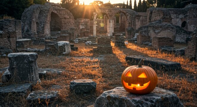 Illuminated Jack-o'-Lantern in Ancient Ruins at Sunset