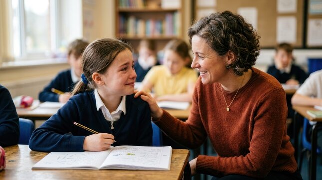 A teacher and student in a classroom setting, engaged in a conversation.