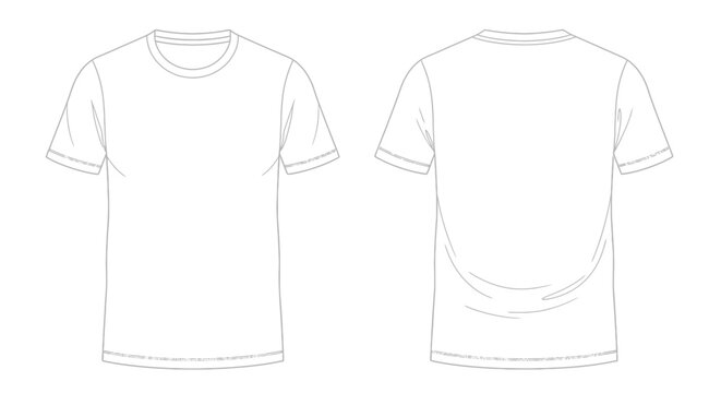 Blank White T-Shirt Outline Front and Back Views, Apparel Design Template on Isolated White Background