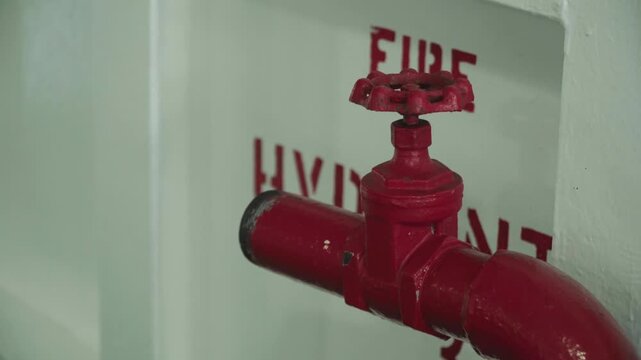 Red fire valve against wall in utility corridor, closeup of painted metal pipe and wheel handle, emergency signage visible on panel, scene suggests maintenance inspection and safety compliance