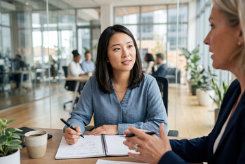 Fototapeta premium East Asian Woman Taking Notes During Business Meeting Feedback