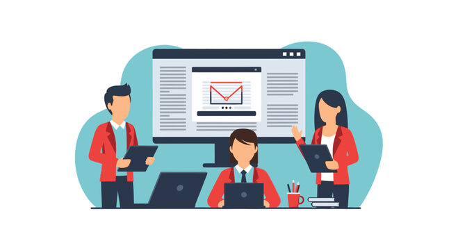 Team members review email marketing campaign on large computer screen