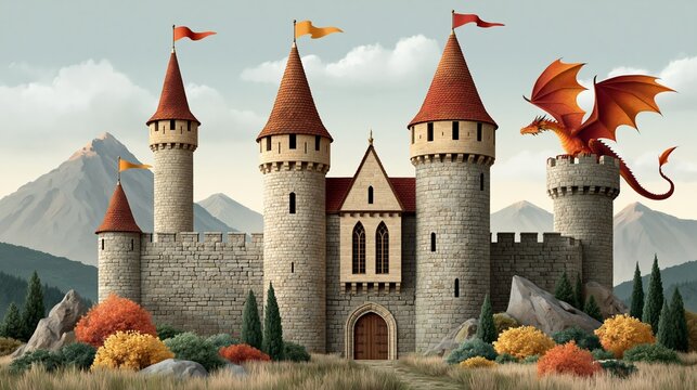 Fantasy castle with three towers and a red dragon perched on the turret, surrounded by mountains and colorful autumn trees in a magical landscape