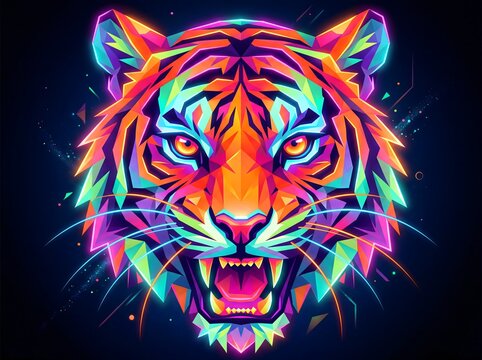 Geometric neon tiger face with vibrant polygon color style