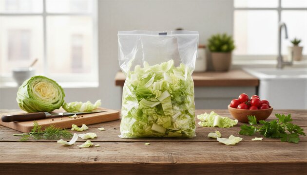 Fresh chopped iceberg lettuce on rustic wooden table