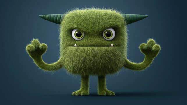 Green fluffy monster character with large eyes and horns, standing upright against a dark blue background, showcasing a cartoonish and playful design