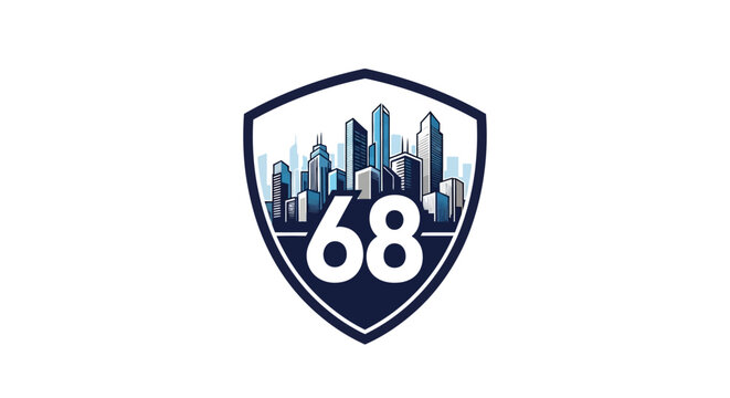 Shield logo with cityscape and number.