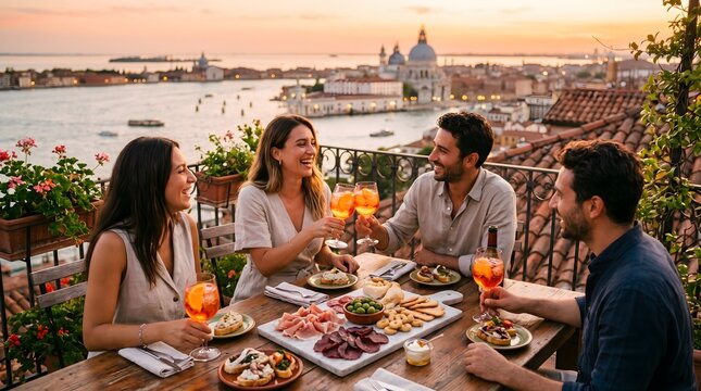 Friends enjoying aperitivo with spritz cocktails on rooftop terrace overlooking venice at sunset social dining travel lifestyle