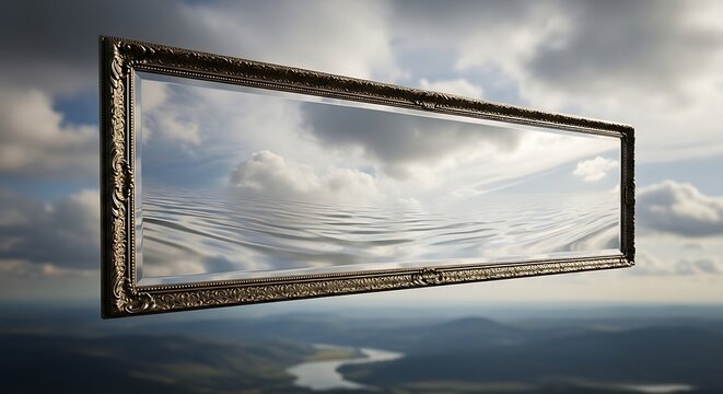 Ornate Gold Picture Frame Reflecting Rippling Water and Cloudy Sky