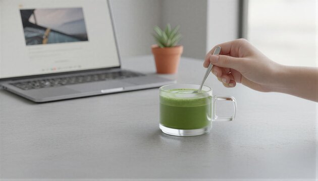 Fresh matcha latte being stirred in a frosted glass mug on a modern desk