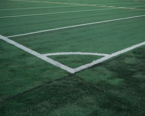 Fototapeta premium Title: A close-up view of a football field showing the white painted lines forming the goal area with green grass and yellow boundary lines