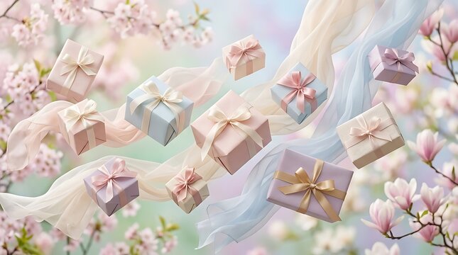 Beautiful pastel-colored gift boxes surrounded by cherry blossoms and flowing fabric for celebration or special occasion