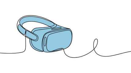Obraz premium Continuous line drawing of virtual reality headset in blue color scheme.