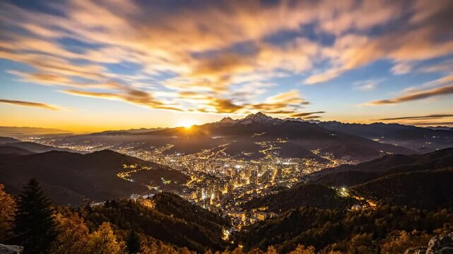 Time-lapse of starry night changing into sunrise over a city nestled in a mountain valley