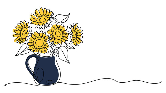 Sketch of sunflowers in jug with single line art style.