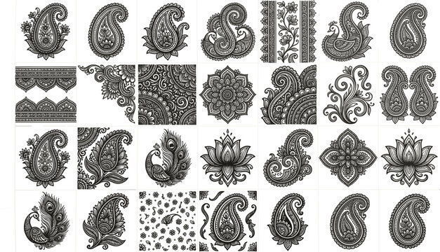 Intricate Paisley and Mehndi Ornament Collection Featuring Traditional Indian Floral Motifs, Peacock Silhouettes, Lotus Flowers, and Decorative Mandala Borders for Ethnic Textile 