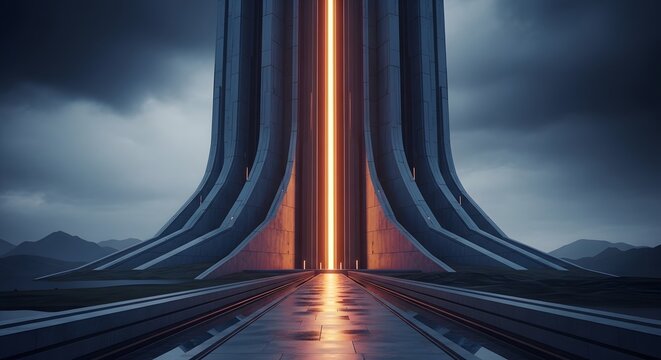 Futuristic monumental tower with glowing central beam. Science fiction and fantasy world building. Massive alien structure standing in a dark landscape.