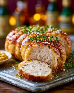 Sliced boudin blanc meat with fresh thyme and golden glaze