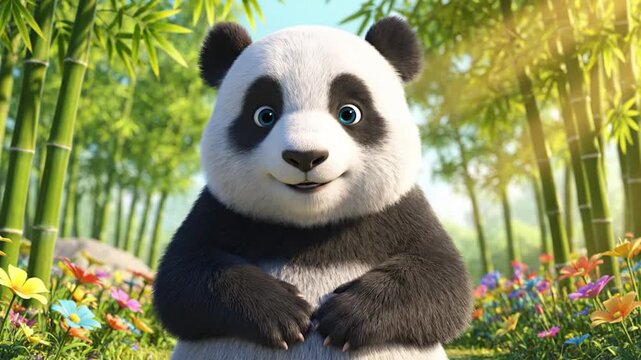 Cute animated panda waving hello in a bamboo forest with flowers.
