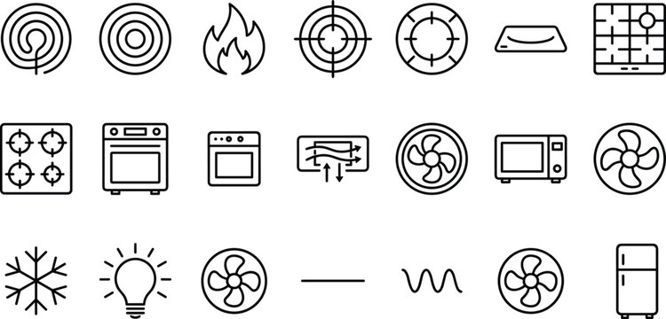  kitchen appliance outline icons including stove oven microwave refrigerator fan lightbulb snowflake induction hob gas flame for modern household equipment graphic.