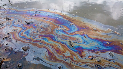 Obraz premium Colorful Spilled Oil: The iridescent sheen of spilled oil paints a captivating yet ominous scene on water surface, showcasing the impact of environmental pollution.