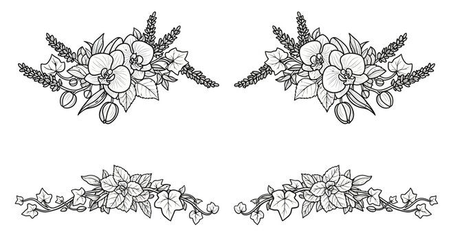 Elegant floral ornament designs with orchids and leaves for decorative purposes