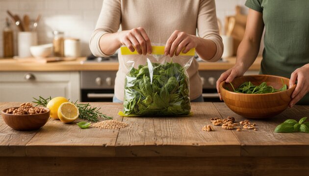 Friends preparing fresh spinach salad in home kitchen