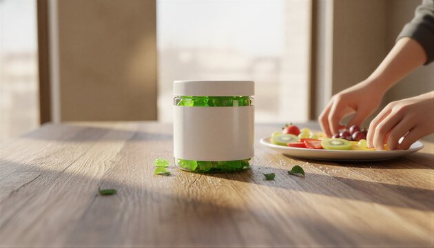 Fruit gummies in a labeled plastic jar on a rustic wooden dining table