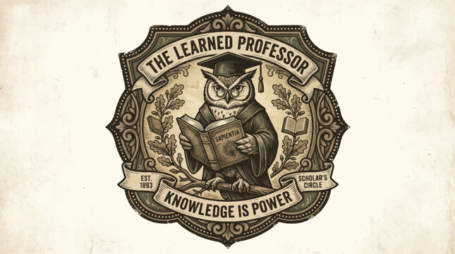 Wise owl professor illustration emblem knowledge power education