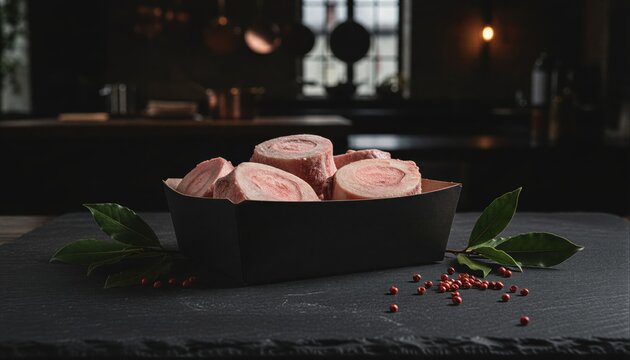 Gourmet beef marrow bones on a dark slate surface