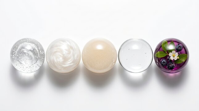Five decorative art orbs in a row, glass, with inclusions, decorative elements.