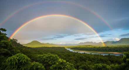 Fototapeta premium A stunning double rainbow arcs over a lush green jungle landscape with a river flowing through it during a post-storm sunset.